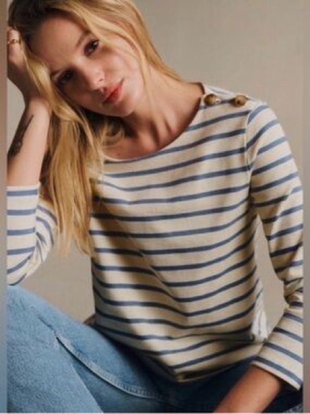 Sezane Colette mariniere blue Ecru Striped Button-Shoulder Top Sz Small